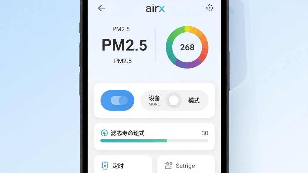 airx����App������ȫòչʾ������������һ���ֻ���Ļ����Ļ����ʾ����������������壬�Ϸ�����Ŀ��PM2.5��ֵ�Ϳ��������ȼ�ɫ�����м����豸���غ�ģʽ�л���ť���·�����о�����������Ͷ�ʱ����ѡ����岼�ּ������������ִ���ƽ��������Ϊǳ��ɫ���䣬�ɾ��޶���Ԫ�أ����ʸ���