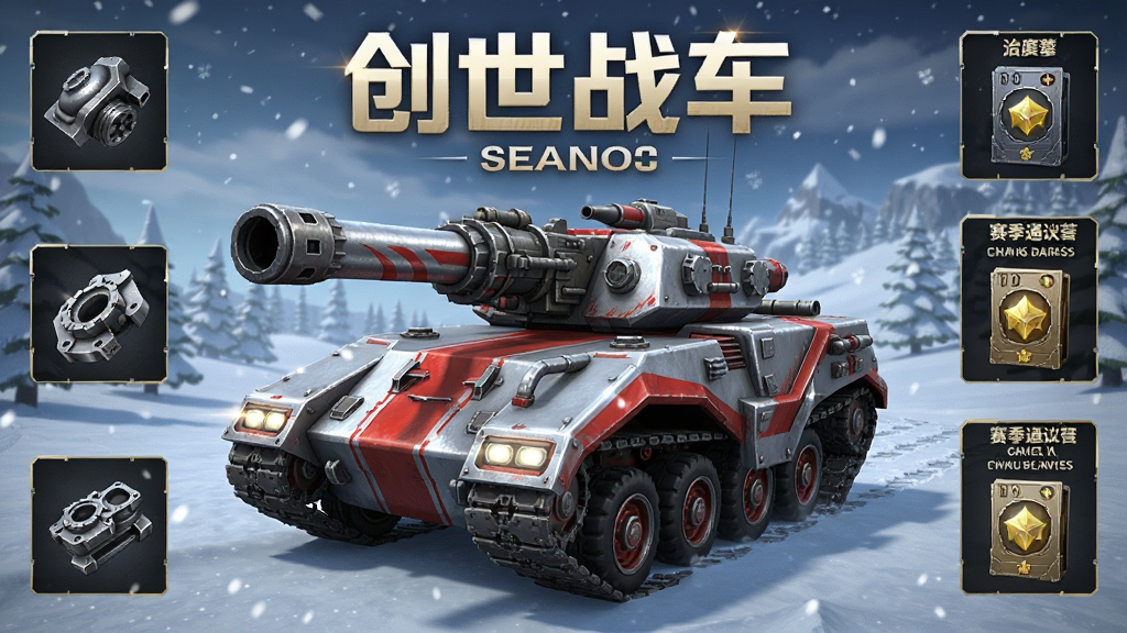 创世战车赛季更新宣传图,画面中央是一辆装备了全新赛季武器的重型战车,车身涂装为亮银色和红色条纹,背景是飘着雪花的新地图场景,画面四周散落着新零件的图标和赛季通行证奖励预览,画面风格为游戏宣传海报,光影效果华丽,画质干净,无多余文字