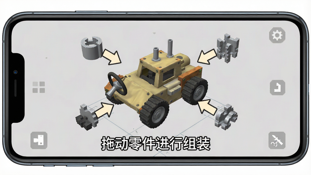 创世战车新手引导界面手机截图,画面中一部智能手机横屏显示游戏画面,屏幕中央有一辆简易的拼装战车,周围有箭头指示拖拽零件到车身上,屏幕下方有文字提示“拖动零件进行组装”,画面风格为UI设计展示图,背景为纯色,画质清晰,无多余元素