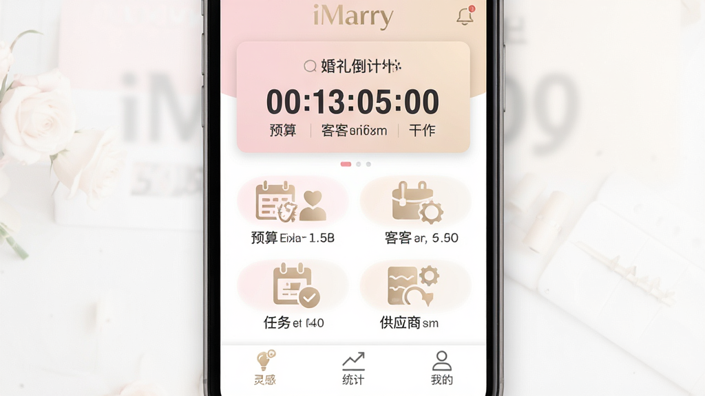 һ���ֻ���Ļ��ʾiMarryӦ���������ͼƬ�����沼�ַ�Ϊ�������񵹼�ʱ��Ƭ���м���Ԥ�㡢���͡����񡢹�Ӧ���ĸ�����ͼ�꣬�ײ�����С�ͳ�ƺ��ҵ�����ѡ���ɫ������͵ķ۰׺����Ľ�Ϊ������������ִ���ϸ�ھ��£����ʸɾ����޶���Ԫ��