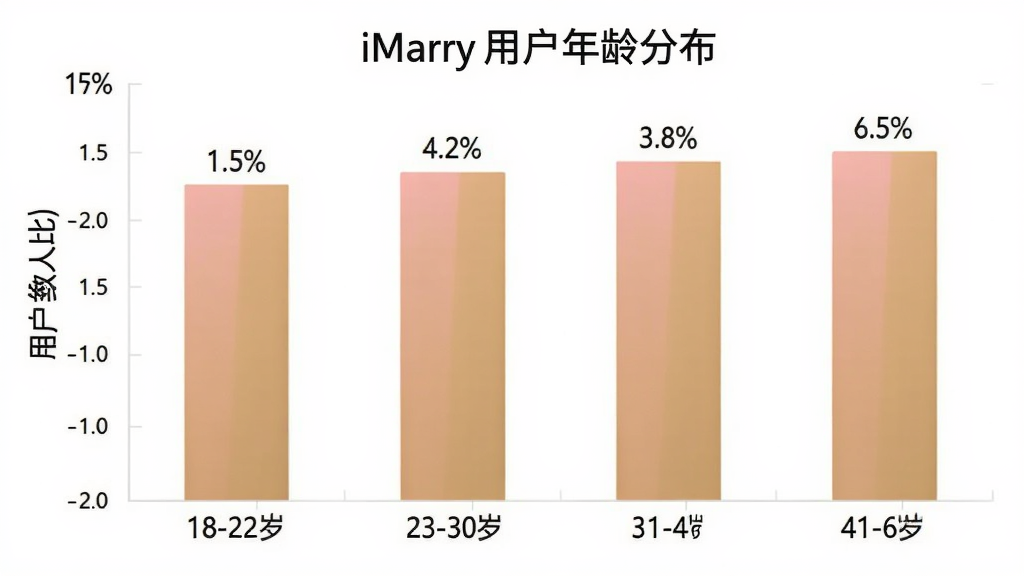 һ����״ͼ��չʾiMarry�û�����ֲ�������Ϊ�����18-22�ꡢ23-30�ꡢ31-40�ꡢ41-60�꣬����Ϊ�û�����ռ�ȣ���״ͼ��ɫΪ��͵ķ۽�ɫ��ͼ������Ϊ��ɫ�����ݱ�ǩ�����ɼ���������ִ������ʸɾ����޶���Ԫ��