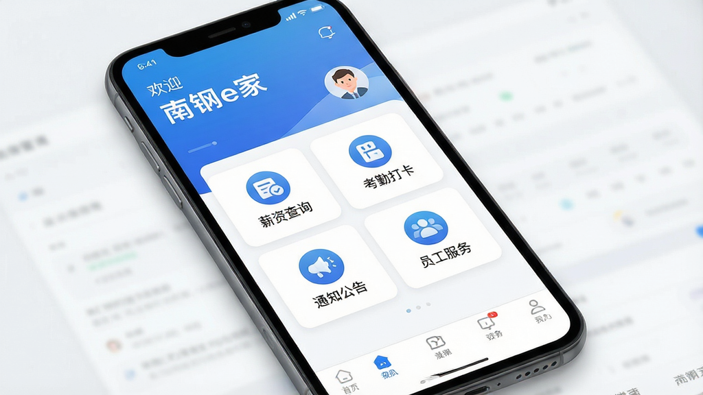 һ��չʾ���ϸ�e�ҡ�App���Ľ�����ֻ�����ͼ������Ϊ�ֻ���Ļ����Ļ������չʾApp��ҳ���֣�������н�ʲ�ѯ�������ڴ򿨡���֪ͨ���桱��Ա�������ĸ���Ҫ�������ͼ�꣬���ֲ������½ṹ������Ϊ��ɫ���䱳���Ļ�ӭ����û�ͷ���в�Ϊ���ܿ�Ƭʽ���У��ײ�Ϊ���������Ű��������򣬷���ִ���Լƫ����ϸ����ͼ��Բ��������������ɫ������Ϊ�������ʸ���ɾ����޶���Ԫ�ء�