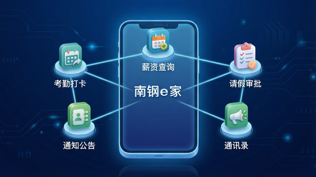 һ�š��ϸ�e�ҡ�App�������ϸ���ͼ������������һ��������ֻ���Ļ����Ļ�ڲ��ֲ��š����ڴ򿨡���н�ʲ�ѯ���������������֪ͨ���桱��ͨѶ¼���������ͼ�꣬ͼ��֮���õ���ɫ�������ӣ��γ�һ���������磬����Ϊ����ɫ�Ƽ��н��䣬����������������������ʸɾ����޶���Ԫ�ء�