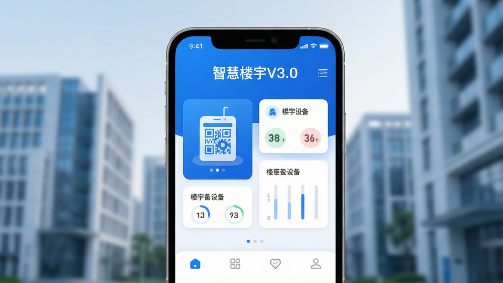 �ǻ�¥��V3.0 ��������ȫòչʾͼ������Ϊһ�������ֻ�����Ļ������ʾ�ǻ�¥��V3.0�������棬������������ɫΪ����������ʾ���ǻ�¥��V3.0���������м�����չʾ�Ž���ά��ͼ���¥���豸״̬��Ƭ���ײ�Ϊ�����������ּ������������ִ��Ƽ��У�ϸ��Բ�󣬻��ʸɾ��������޶���Ԫ�أ�����Ϊ�黯���ִ�¥���������