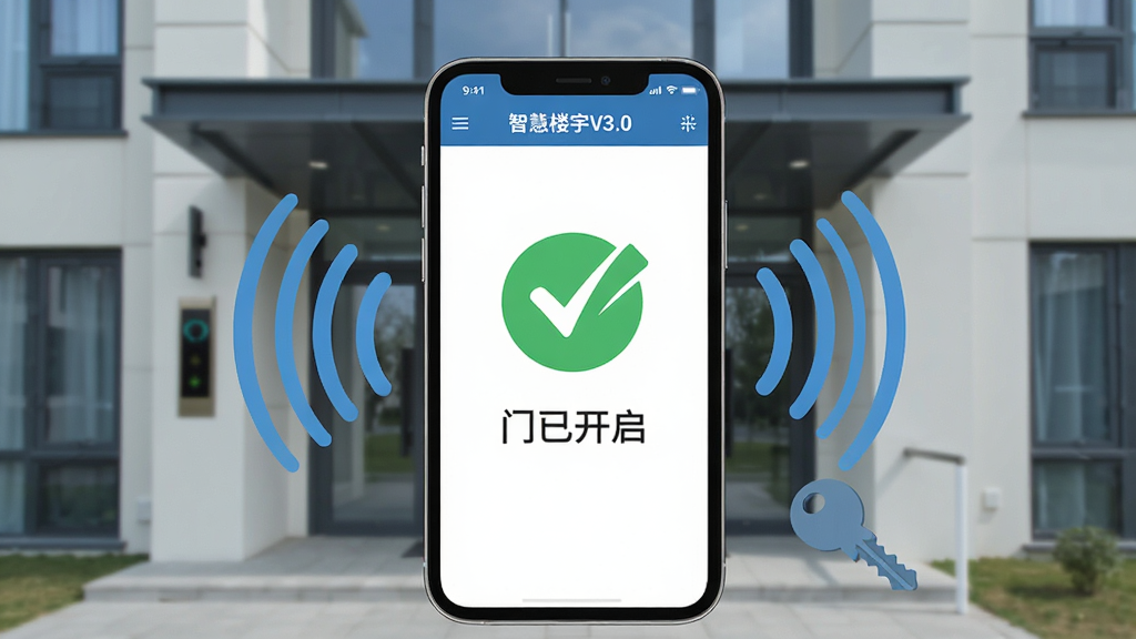 �ǻ�¥��V3.0 Զ�̿��Ź��ܳ���ͼ������������һ���ֻ�����Ļ����ʾ�ǻ�¥��V3.0�Ŀ��ųɹ����棬һ��������ɫ�Թ�ͼ��͡����ѿ��������֡��ֻ���Χ�����������źŲ���ͼ���һ��Կ��ͼ�꣬����Ϊ�ִ���Ԣ¥��ڡ��Ű�ͻ���ֻ���Ļ���ݣ�����ƽ���Ƽ��У�ϸ�����������ʸɾ����޶���Ԫ�ء�