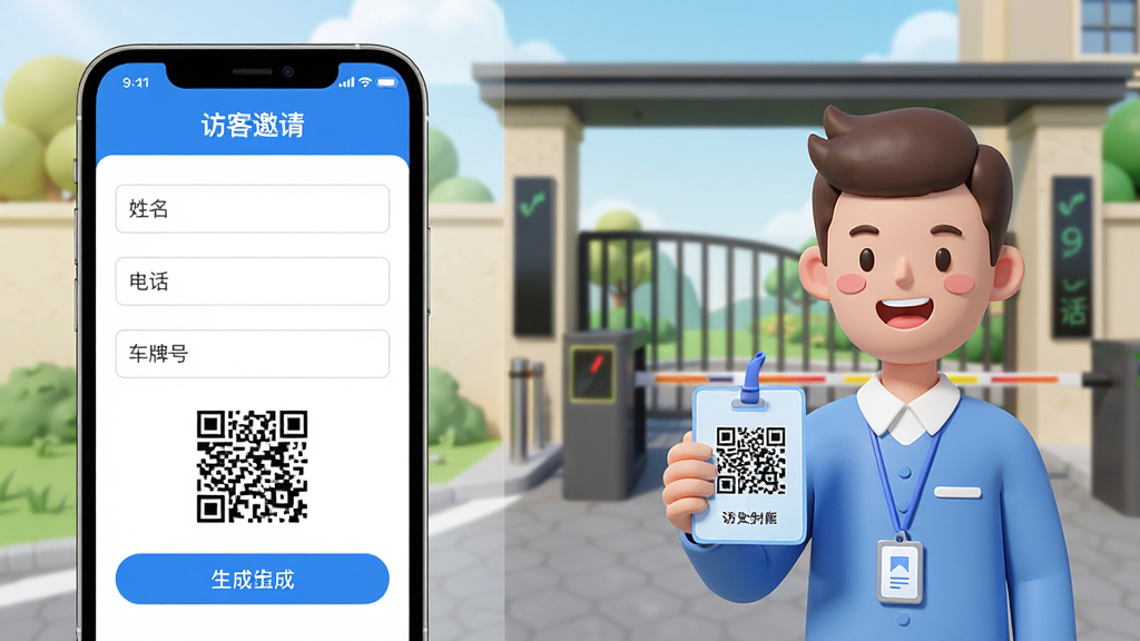 �ǻ�¥��V3.0 �ÿ����빦��չʾͼ�����������һ���ֻ�����Ļ��ʾ���ÿ����롱�������棬�����������绰�����ƺ����������ɶ�ά�밴ť�������Ҳ���һ����ͨ���ķÿ����������ֳ�һ������ͨ��֤������ΪС�����ź͵�բ���Ű����ҷ������������ִ���ϸ�����������ʸɾ��������޶���Ԫ�ء�