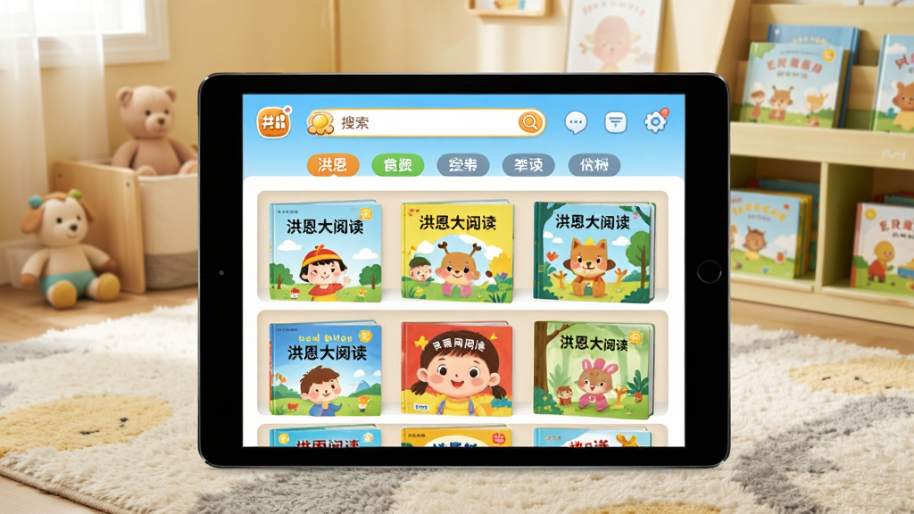 һ��չʾ������Ķ�App������ĳ���ͼ������������ƽ�������Ļ����Ļ����ʾ������Ķ�App����ܽ��棬����������Ŷ౾ɫ�����޵Ķ�ͯ�汾���棬���涥���п�ͨ�����������ͷ����ǩ����������ܰ�Ķ�ͯ�Ķ��ǻ������������ĵ�̺��С��ܣ��������������ã����������ɾ����޶���Ԫ��