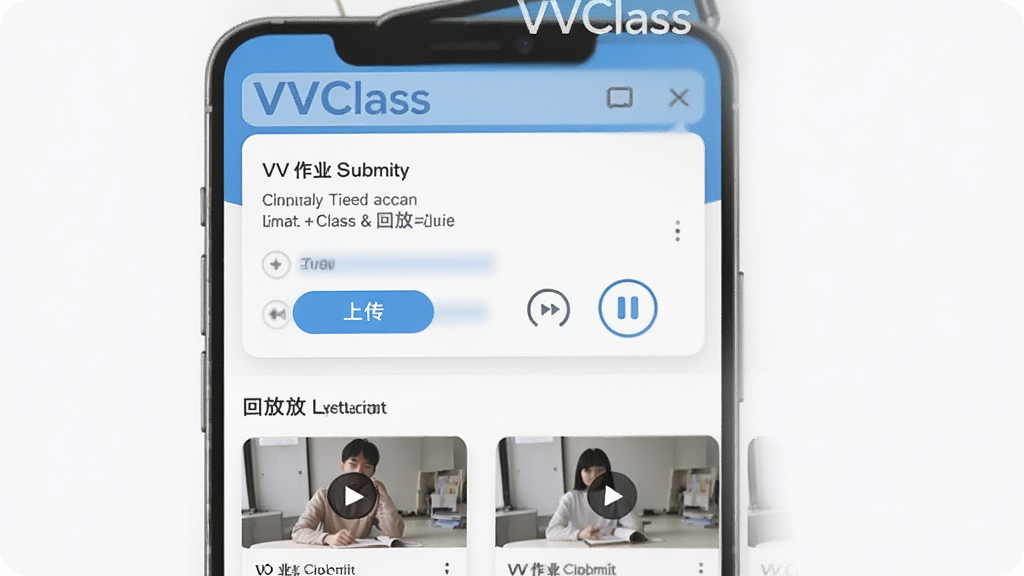 һ��չʾVVClass��ҵ��طŹ��ܵ�ʾ��ͼ���������ֻ���Ļ��ʾ��ҵ�ύҳ��ͻط��б�������Ϊ�Ϸ���ҵ��Ƭ���·��ط���Ƶ�б����Ű��������ˣ�����Լ�ִ���ϸ�ڰ����ϴ���ť�ͱ��ٲ���ͼ�꣬���ʸɾ��޶���Ԫ�أ�ͼƬ�д���