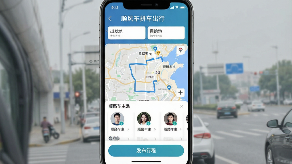һ���ֻ�Ӧ�ý���չʾͼ�����������ǡ�˳�糵ƴ�����С�APP����ҳ�棬������ʾ�����غ�Ŀ�ĵ�������м��ǵ�ͼ·��ʾ���˳·����ͷ���б����ײ��з����г̰�ť�����岼�������������ˬ�ִ������ʸɾ��޶���Ԫ��