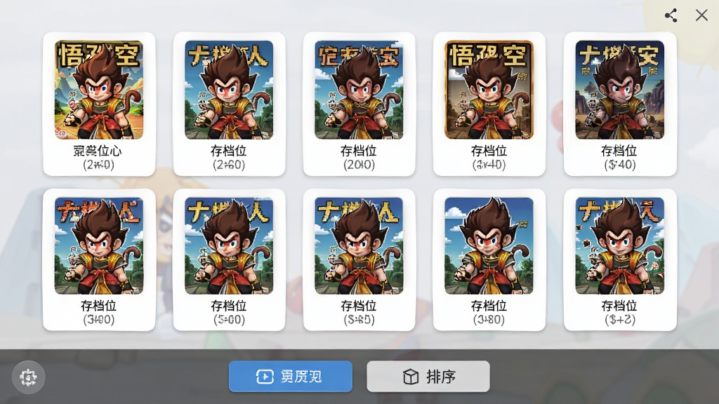 ����ƻ�ģ������Ϸ��������棬��Ļ�������Ŷ����Ϸ���濨Ƭ��ÿ�ſ�Ƭ�·���ע��Ϸ������浵λ����������ײ��е���������ť���������룬�����ˬ�����ʸɾ��޶���Ԫ��