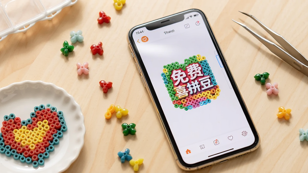������һ��ƽ����ľ�������ϵ������ֻ�����Ļ����ʾ�š����ϲƴ�����Ĳ�ɫƴ��ͼ���༭���棬��Χɢ����������ɫ��ƴ�����Ӻ�һ��С���ӣ����ֲ��ø����ӽǣ��ֻ�λ�ڻ�����������ƫ�ң�������״��ڷ�һС��ƴ�õİ���ͼ�������Ϊ���������������Ӱ�磬ϸ�����ֻ���Ļ������΢���⣬ƴ������Բ���й��󣬻��ʸɾ��������޶���Ԫ��