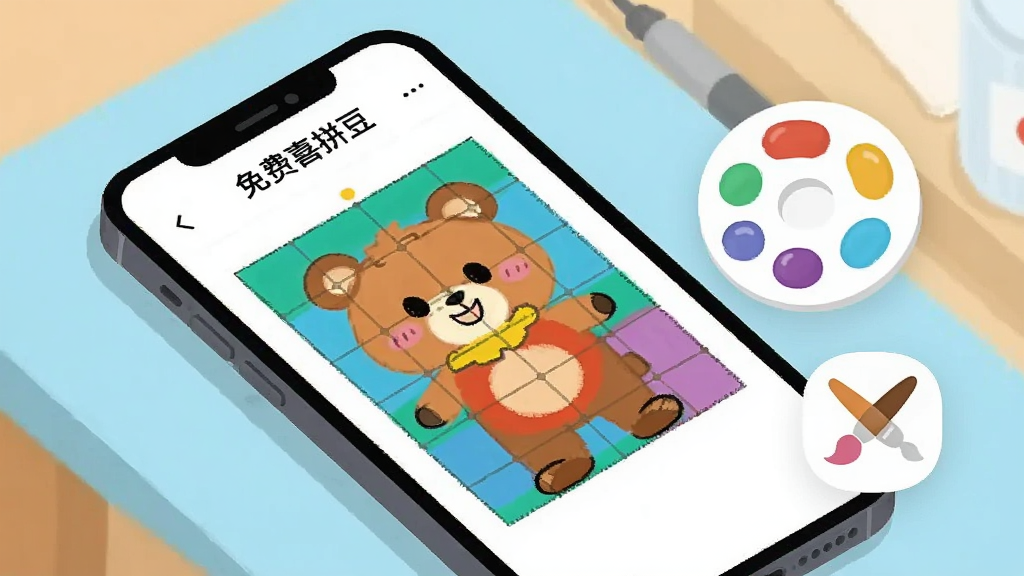 ����������һ���ֻ�����Ļ����ʾ�š����ϲƴ���������ɴ������񻭲�����������һ������ƴ�Ŀ�ͨС��ͼ�����ֻ��Ҳ������ŵ�ɫ�̺ͻ���ͼ�꣬�����ǵ���ɫ�Ĺ���̨�����ֲ���45�ȽǸ��ӣ����Ϊ��ƽ���廭�磬ϸ������������������ɫ�鱥�������ʸɾ��޶���Ԫ��