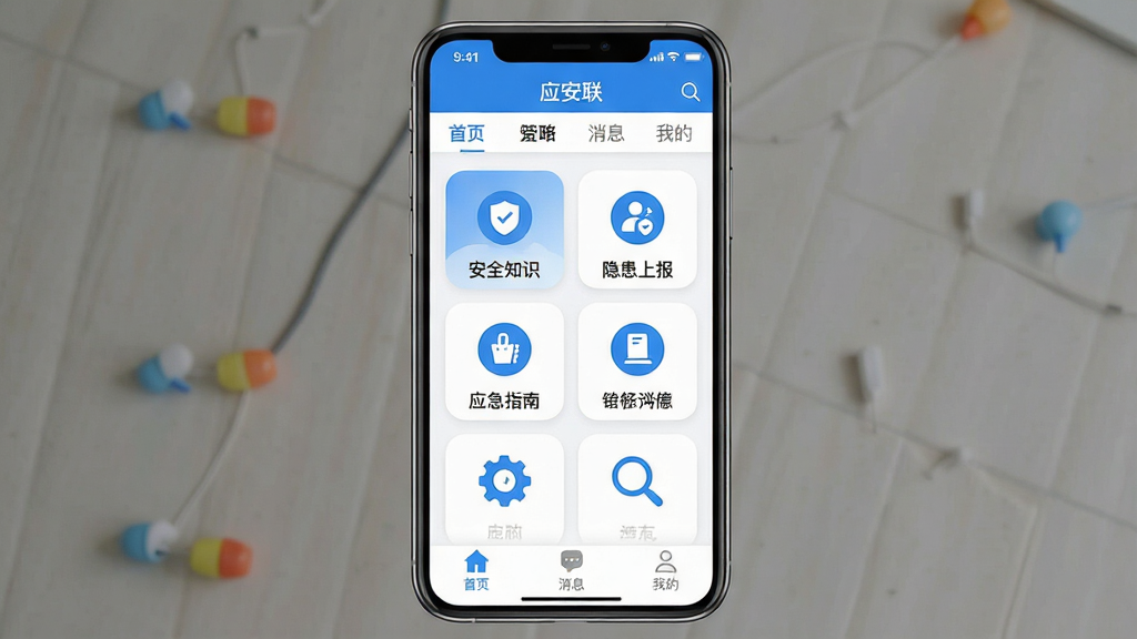 һ���ֻ�Ӧ�ý���չʾͼ�����������ǡ�Ӧ������APP�������棬������ʾ�������ơ�Ӧ�������ͼ��ĵ��������м�����Ϊ����ͼ�����񣬰�����ȫ֪ʶ�������ϱ���Ӧ��ָ�ϵ�ģ�飬�ײ�Ϊ��ҳ����Ϣ���ҵ�����ѡ����������������ɫ������ִ���ƽ��ͼ��Բ�����������ʸɾ��������޶���װ��Ԫ��