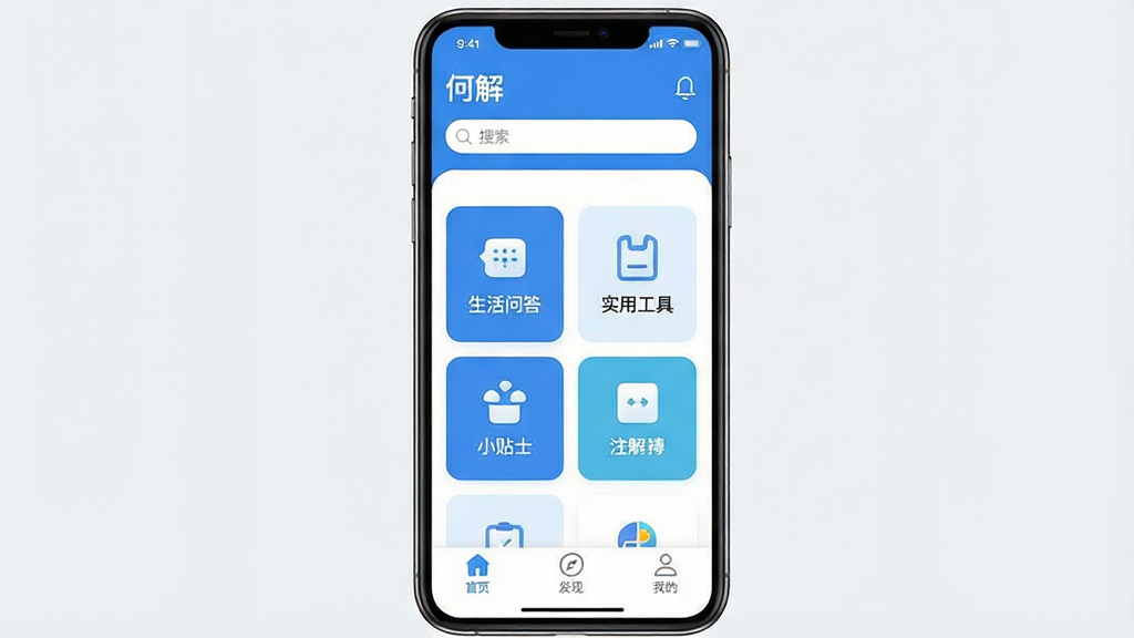 һ���ֻ�Ӧ�ý���չʾͼ�����������Ǻν�App����ҳ�棬������ʾ���ν⡱�����ͼ����������м��Ƿ��������Ĺ��ܿ�Ƭ�������������ʴ�ʵ�ù��ߡ�С��ʿ����ڣ��ײ�Ϊ��ҳ�����֡��ҵ�����������ǩ���������������ɫ�����ָɾ����䣬����ִ���ƽ����ͼ��Բ���࣬���������������޶���װ��Ԫ��