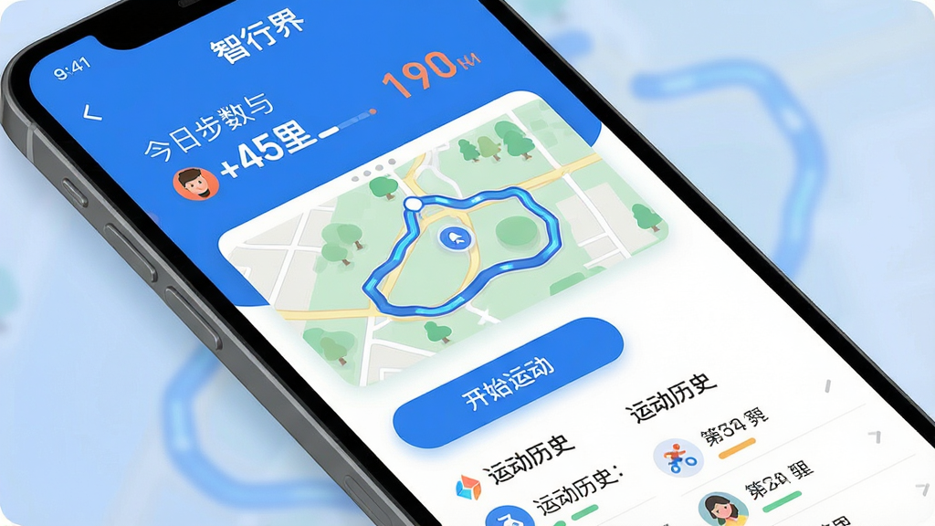 һ���ֻ�Ӧ�ý���չʾͼ������Ϊ�����н硱App�����棬����Ϊ������ʾ���ղ��������Ŀ�·��м����˶��켣��ͼ��Ƭ���ײ��п�ʼ�˶���ť���˶���ʷ�б����Ű������������Ϊ�ִ���ƽ����ƣ�ϸ����ͼ��Բ����ɫ������Ϊ�������ʸɾ����壬�޶���Ԫ��