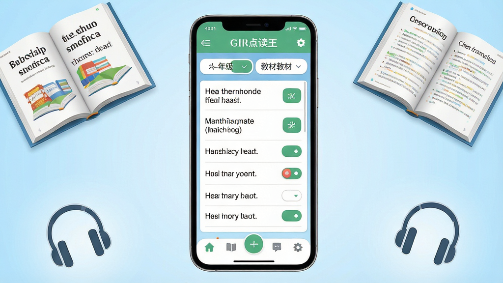 一张展示英语点读王软件核心界面的手机应用截图,画面中央是一部现代智能手机,屏幕显示英语点读王的主页,顶部有年级和教材版本选择栏,中间是清晰的课文列表和点读按钮,底部是功能导航栏。手机周围环绕着几本翻开的英语课本和耳机图标,背景是柔和的浅蓝色渐变,风格简洁明快,画质干净清晰,无多余装饰元素。