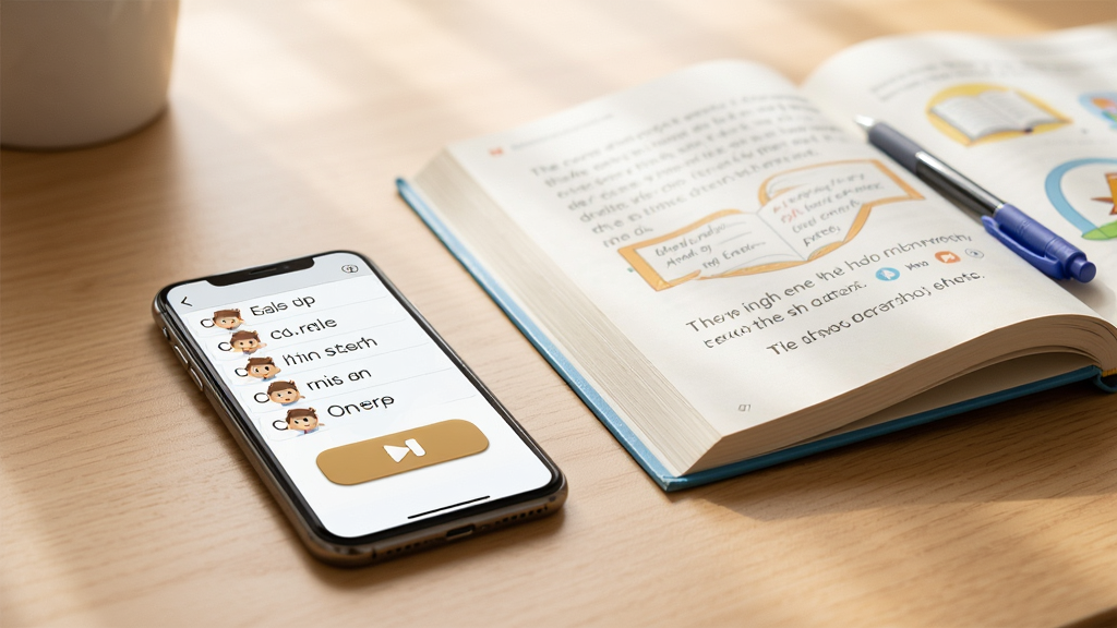 英语点读王课本同步点读功能展示图,一部手机平放在书桌上,屏幕里显示英语课文句子列表和点读播放按钮,旁边放着一本翻开的英语课本和一支笔,画面明亮温馨,风格写实自然,画质清晰干净,无多余元素。