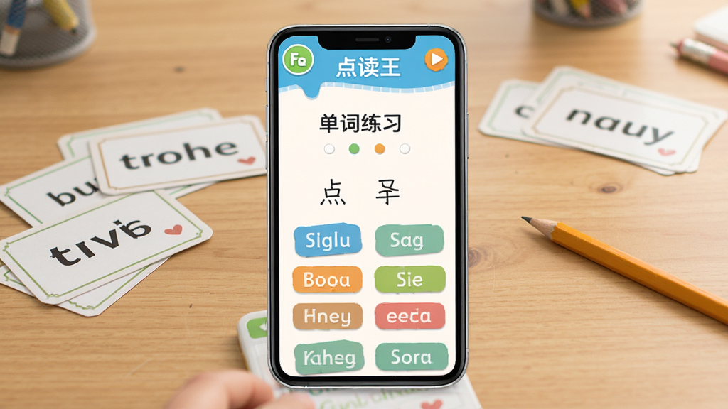 英语点读王单词听写功能界面图,手机屏幕显示单词听写练习页面,有中文释义和英文选项按钮,背景是书桌场景,旁边散落着单词卡片和铅笔,风格生活化,画质干净明亮,无多余元素。