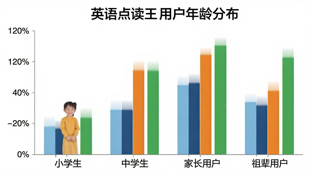一张柱状图展示英语点读王用户年龄分布,横轴标注“小学生”“中学生”“家长用户”“祖辈用户”四个类别,纵轴显示人数占比,柱子颜色分别为浅蓝、深蓝、橙色和绿色,图表风格简洁现代,背景干净白色,画质清晰无多余元素。