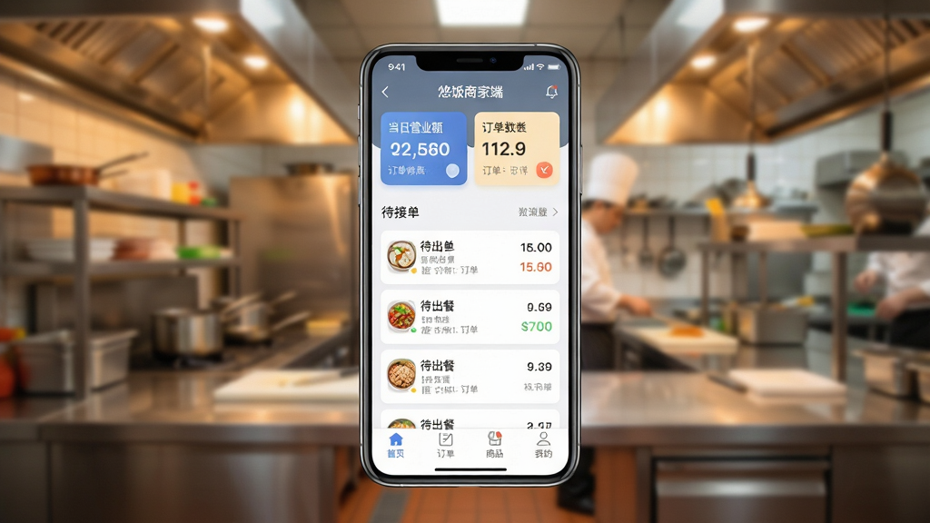 ����������һ�������ֻ����ֻ���Ļ����ʾ���Ʒ��̼Ҷ�APP�������棬�����Ϸ��ǵ���Ӫҵ�����ֺͶ���������Ƭ���м����������Ŵ��ӵ��������͵Ķ����б����ײ��������С���ҳ��������������Ʒ�����ҵġ��ĸ�ͼ�ꣻ�ֻ��������黯�Ĳ��������������ůɫ���ĵƹ�Ͳ���ֲ���̨��������Ϊ�ִ���ƽ��UIչʾ���ϸ������Բ�󣬻��ʸɾ��������޶������ֺ�����Ԫ�أ�ͻ����������ȫò