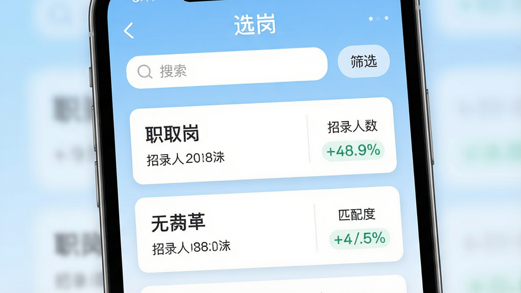 һ���ֻ���Ļ��д�����������ǡ�ѡ�ڡ�App�������棬������ʾ�������ɸѡ��ť���м���ְλ�б���Ƭ��ÿ�ſ�Ƭ�ϱ�ע��ְλ���ơ���¼������ƥ��Ȱٷֱȣ�������ǳ��ɫ���䣬����ִ���ƽ��ϸ�ڸɾ�Բ�󣬻��������޶���Ԫ��