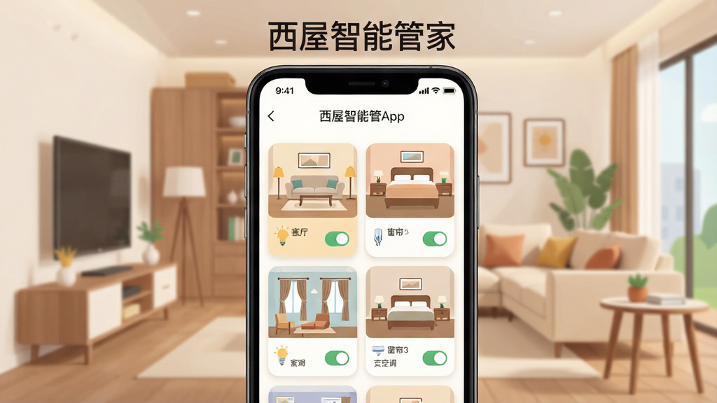 һ��չʾ�������ܹܼ�App����ȫò��ͼƬ������������һ���ֻ����ֻ���Ļ����ʾ��App�������棬�������п��������ҵȷ��俨Ƭ����Ƭ�ϱ�ע�ŵƹ⡢�յ��������Ŀ��ƿ��أ�������һ����ܰ���ִ��Ҿӿ������������ּ�����ˣ�����ִ���ƽ����ϸ��Բ�󣬻��ʸɾ��������޶���Ԫ�أ�ͼƬ���ֻ���Ļ�Ϸ�������д�š��������ܹܼҡ�