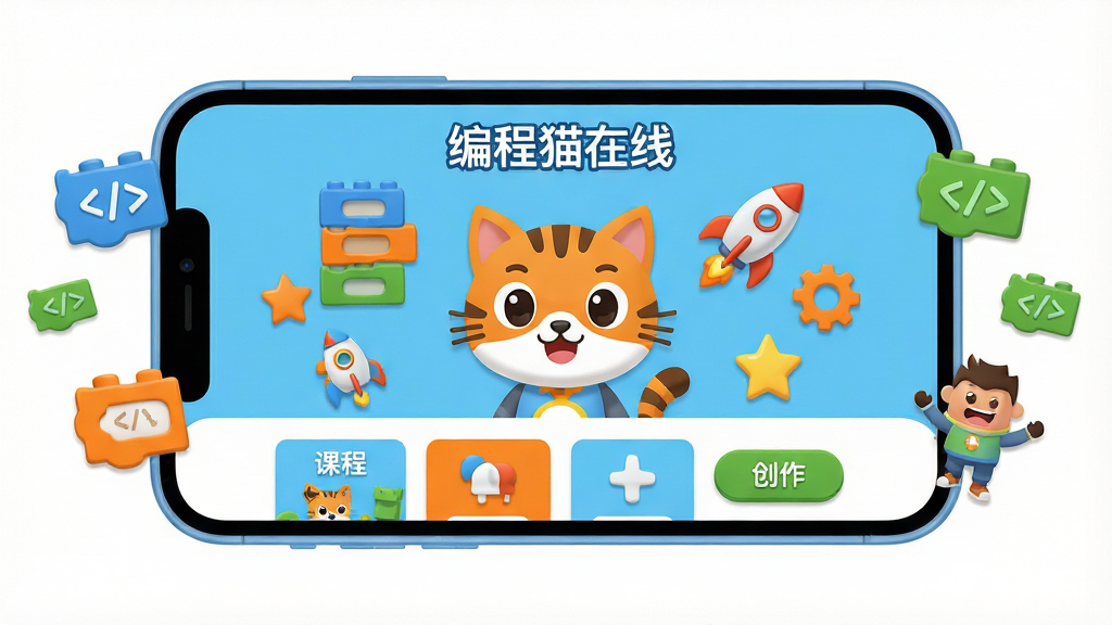 一张展示“编程猫在线”软件核心全貌的图片,主体为一部横向放置的智能手机,屏幕中央显示软件主界面,界面顶部有“编程猫在线”文字标识,中间是卡通风格的编程猫吉祥物形象,周围环绕着积木块、小火箭、齿轮、星星等编程元素图标,下方排列着课程卡片和创作按钮。布局采用居中对称构图,手机两侧有悬浮的代码积木和动画角色。排版清晰,主次分明。风格为活泼明快的扁平化卡通设计,色彩以天蓝、亮橙、草绿为主,搭配白色背景。细节上,手机边缘圆润,图标带有轻微立体感,吉祥物表情友好。画质干净清晰,无多余杂乱元素,整体明亮舒适。