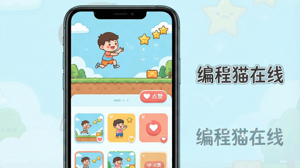 一张展示“编程猫在线”作品创作与分享社区界面的图片,主体为手机屏幕,屏幕上方是孩子创作的卡通小游戏画面,画面中有跳跃的小人和收集的星星,屏幕下方是作品列表和点赞按钮,旁边有“编程猫在线”文字标识。布局采用上下结构,上方为作品展示区占三分之二,下方为列表区占三分之一。风格为清新卡通的扁平设计,色彩以浅蓝、暖黄、粉橙为主。细节上点赞按钮有爱心图标,作品缩略图排列整齐。画质干净清晰,无杂乱元素,整体温馨友好。