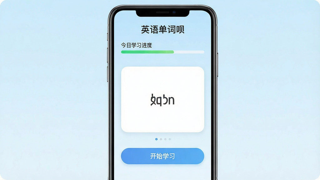 一张展示“英语单词呗”应用主界面的手机屏幕截图,画面中央是简洁的单词卡片区域,上方显示今日学习进度条,下方是“开始学习”按钮,背景为淡蓝色渐变,整体风格清爽现代,画质干净,无多余元素