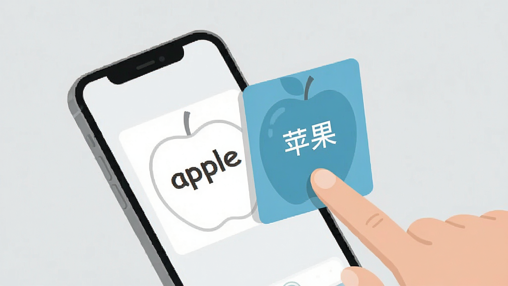 一张展示“英语单词呗”单词卡片翻转交互的示意图,画面中一只手正在点击手机屏幕上的单词卡片,卡片正面显示英文单词“apple”,背面显示中文释义“苹果”,背景为浅灰色,风格简洁扁平,画质干净,无多余元素