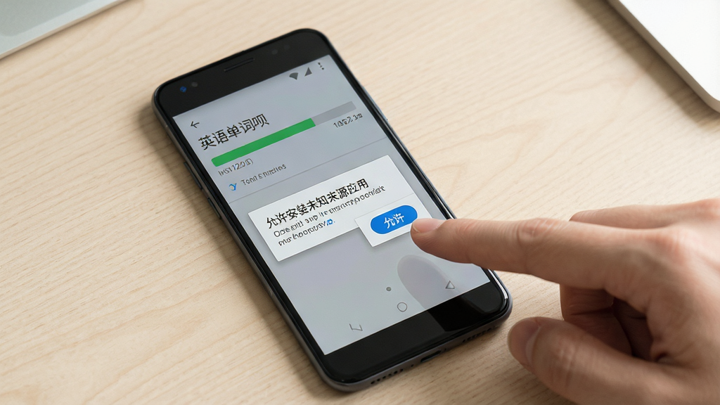 一张展示在安卓手机上安装“英语单词呗”过程的示意图,画面中手机屏幕显示安装进度条和“允许安装未知来源应用”的提示弹窗,旁边有一只手正在点击“允许”按钮,背景为浅色桌面,风格写实,画质干净,无多余元素