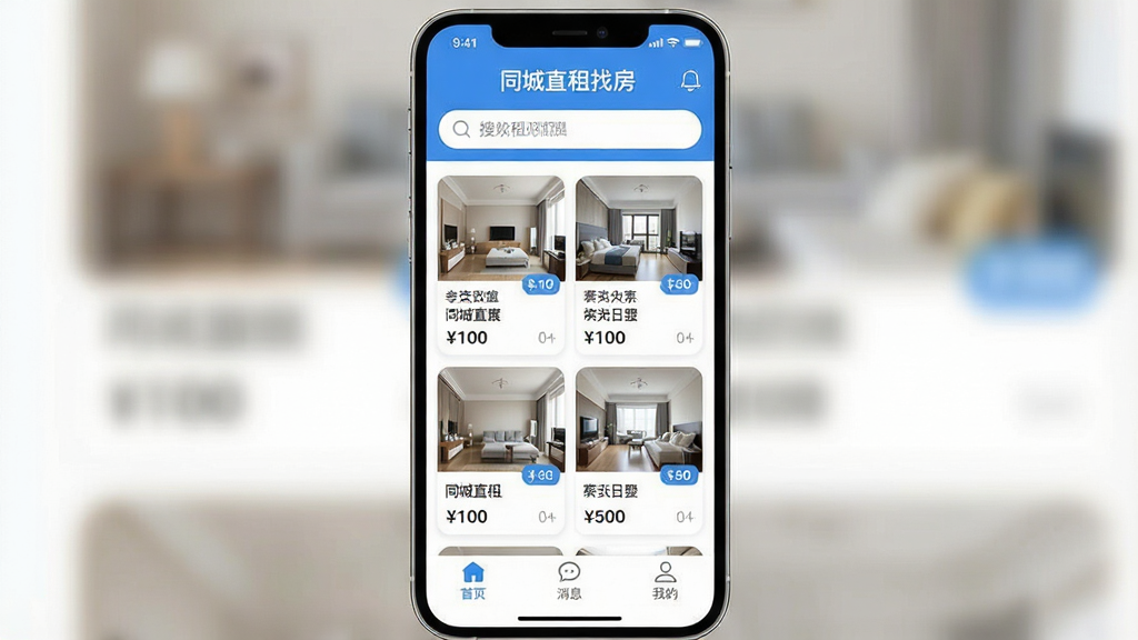 һ���ֻ�Ӧ�ý���չʾͼ�����������ǡ�ͬ��ֱ���ҷ���APP����ҳ�棬���������������ɼ����·����������еķ�Դ��Ƭ��ÿ�ſ�Ƭ���з���ʵ��Сͼ�ͼ۸��ǩ���ײ��������С���ҳ������Ϣ�����ҵġ�����ͼ�꣬������ɫ����ˬ������ɫΪ��������ɾ��޹�浯��������ִ���ƽ����ϸ��Բ�󣬻����������޶���Ԫ��