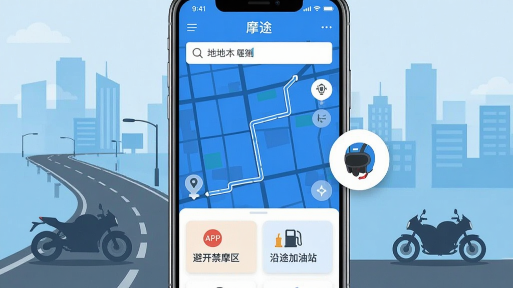 �ֻ���Ļչʾ��Ħ;��APP�����棬��ɫ�����ͼռ�����룬�Ϸ�����������Ŀ�ĵأ��·���ʾĦ�г�ר��·�߿�Ƭ����ע���ܿ���Ħ�����͡���;����վ��ͼ�꣬�Ҳ�����һ������ͷ��Сͼ�꣬�����ǳ��е�·��Ħ�г���Ӱ����ƽ����Ʒ�񣬻��������ɾ����޶���Ԫ��
