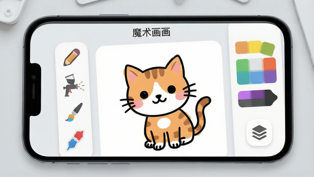 一张手机屏幕特写,画面中央是“魔术画画”应用的主界面,左侧竖排工具栏显示铅笔、喷枪、水彩笔刷图标,右侧是调色盘和图层按钮,画布上有一幅未完成的卡通小猫涂鸦,背景是浅灰色工作台,风格为简洁扁平化UI设计,细节圆润,画质干净清晰,无多余元素