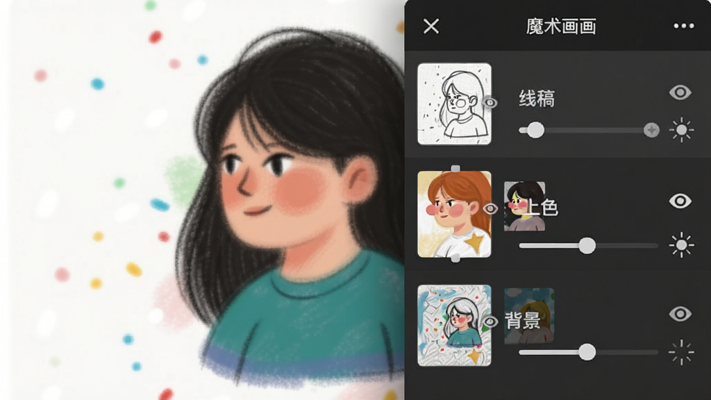 一张“魔术画画”应用内图层管理面板的截图,面板从右侧滑出,显示三个图层缩略图,分别命名为“线稿”“上色”“背景”,每个图层旁边有眼睛图标和透明度滑块,面板背景为深灰色,文字为白色,风格为现代扁平化设计,画质干净,无多余元素