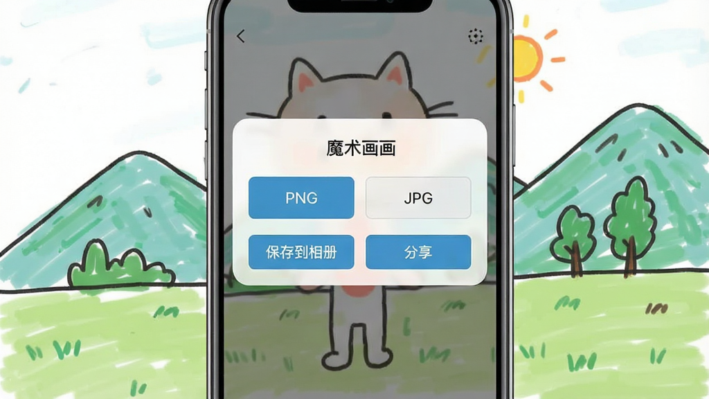 一张手机屏幕显示“魔术画画”导出界面,弹窗中有PNG和JPG两个格式选项,下方有“保存到相册”和“分享”两个按钮,背景是画好的一幅简笔风景画,风格为清爽扁平化设计,画质干净,文字清晰,无多余元素