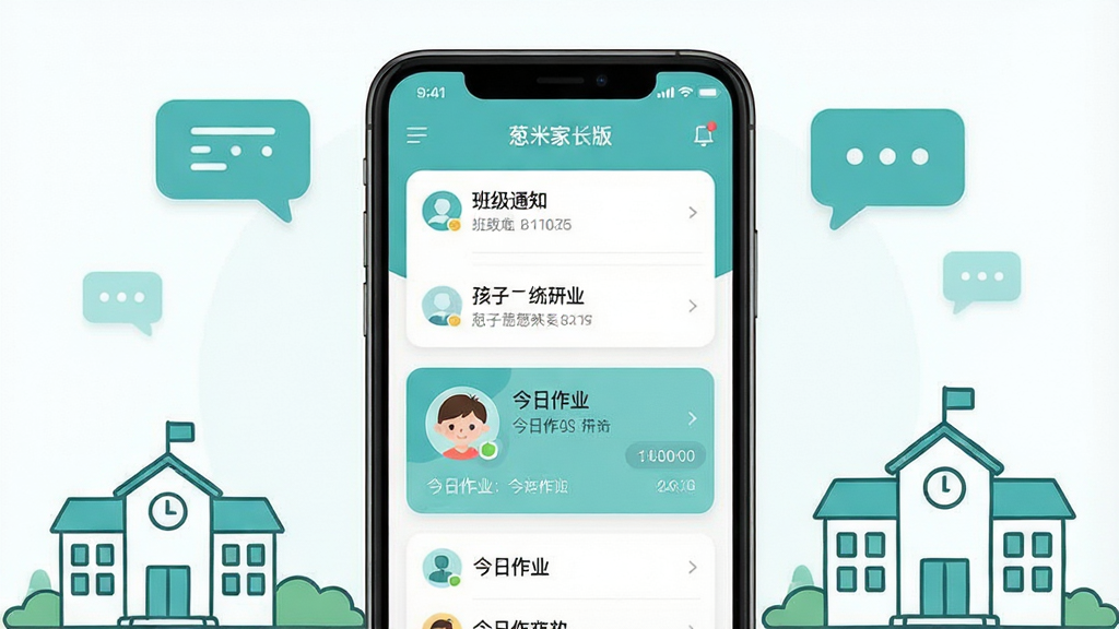 һ��չʾ���׼ҳ���App���Ľ�����ֻ�����ͼ�������������ֻ���Ļ����Ļ����ʾ���׼ҳ������ҳ�������༶֪ͨ�б�������ͷ��ͽ�����ҵ��Ƭ����Χ��������������ͼ���ѧУ������ʻ������ּ����У��������ִ���ƽ����ƣ���ɫ�����µ�����ɫ�Ͱ�ɫΪ����ϸ�ڰ���Բ���ͼ������������ֱ�ǩ�����ʸɾ��������޶���Ԫ��