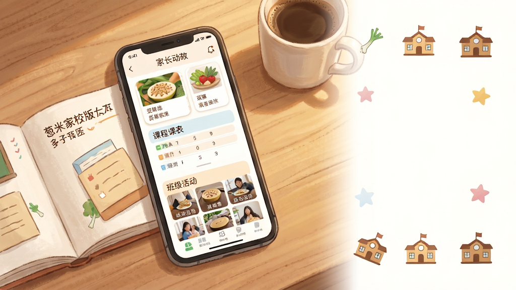 һ��չʾ���׼ҳ���App�ں�����У��̬ҳ���ʾ��ͼ������������һ���ֻ�����Ļ����ʾ�Ų��׿�Ƭ���γ̱�ģ��Ͱ༶���Ƭǽ���ֻ��Ա߷���һ���򿪵ļҳ��ֲ��һ�����ȣ�����Ϊ�ֻ�������ƫ���Ҳ����״���׺ѧУԪ��Сͼ�꣬�����ܰ�ֻ�У�ϸ�ڰ���ľ������������ůɫ����Ӱ��������͸ɾ����޶���Ԫ��