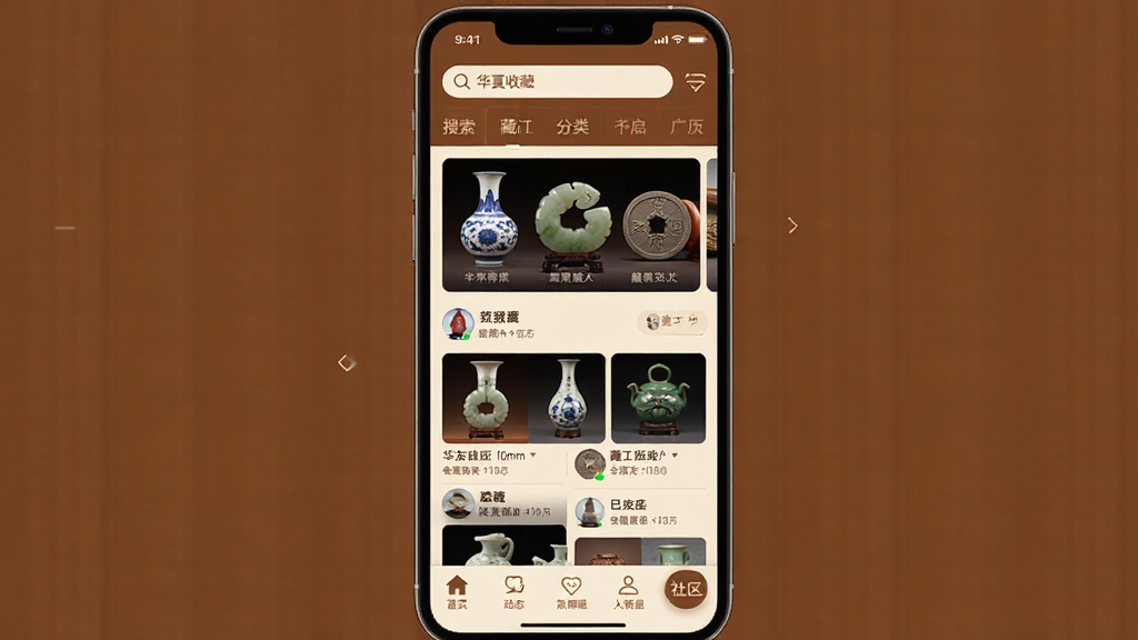 �ֻ���Ļչʾ�����ղ�App��ҳ�������������ͷ��ർ�����в��ֲ�ͼչʾ��������Ǯ�Ҳ�Ʒ���·��ٲ���չʾ��ƷͼƬ�Ͳ��Ѷ�̬���ײ������ǩ������������ť��������ů��ɫ���װ�ɫΪ��ɫ����������������񸴹��ִ��ںϣ����ʸɾ�ϸ�ڷḻ�޶���Ԫ��