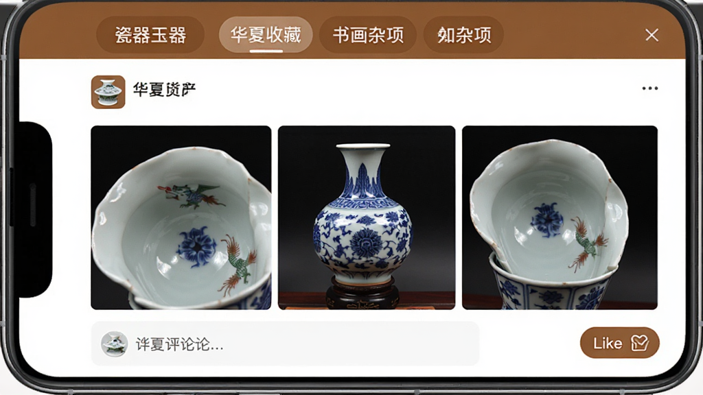 �����ղ�App����ҳ�棬�ֻ���Ļ��ʾ���ѷ����Ĵ�����Ʒ���ӣ�����Ÿ���ϸ��ͼ���·����������͵��ް�ť�������з����ǩ����ʾ��������Ǯ���黭���������ů��ɫΪ��ɫ�������ָɾ����࣬�����ʵ�����У����������޶���Ԫ��