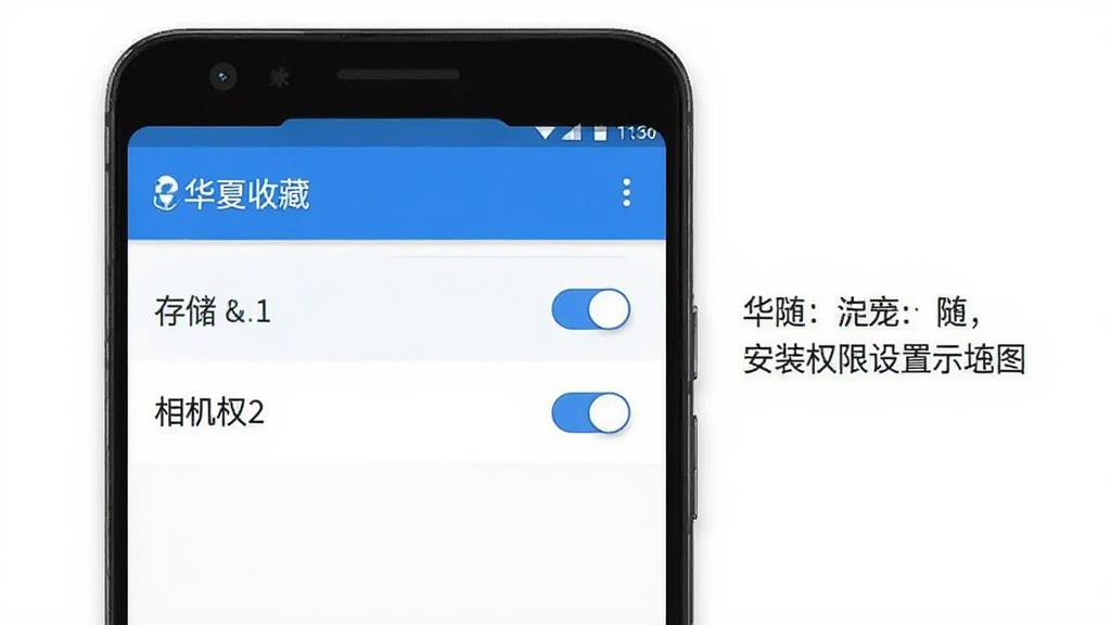 �����ղ�App��װȨ�����ý���ʾ��ͼ���ֻ���Ļ��ʾ��׿ϵͳȨ�޹���ҳ�棬�洢�����Ȩ�޿��ظ������Ա������ֱ�ע˵�������������ִ�����ɫ�԰�ɫ����ɫΪ�������������޶���Ԫ��
