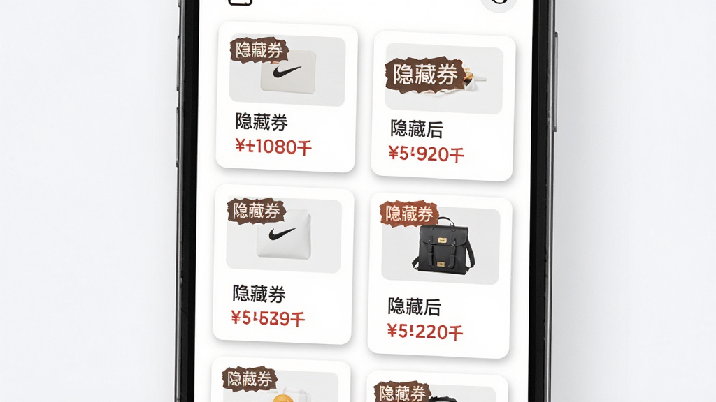 一张展示“好单库”优惠券聚合功能的图片,主体是手机屏幕特写,画面中多个商品卡片整齐排列,每张卡片上标注着“隐藏券”标签和券后价格,布局采用网格瀑布流,风格简洁电商风,细节上卡片有轻微阴影和圆角,画质清晰干净,无多余元素