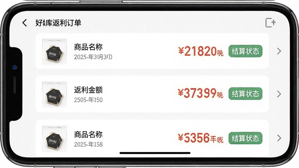 一张展示“好单库”返利订单列表界面的图片,主体是手机屏幕,画面中列表逐条展示商品名称、返利金额和结算状态标签,布局为纵向列表,风格清爽工具风,细节上金额数字用醒目颜色标出,画质干净无杂乱元素