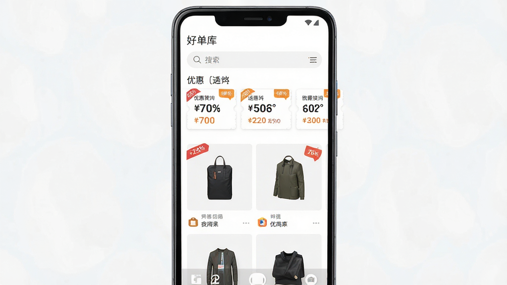 一张手机应用界面展示图,主体是一部居中摆放的安卓手机,屏幕上显示“好单库”App首页,布局为顶部搜索框、中部横向滚动优惠券卡片、下方商品瀑布流,排版清晰有层次,风格现代扁平化,细节上卡片带有折扣标签和券后价数字,画质干净明亮,无多余元素