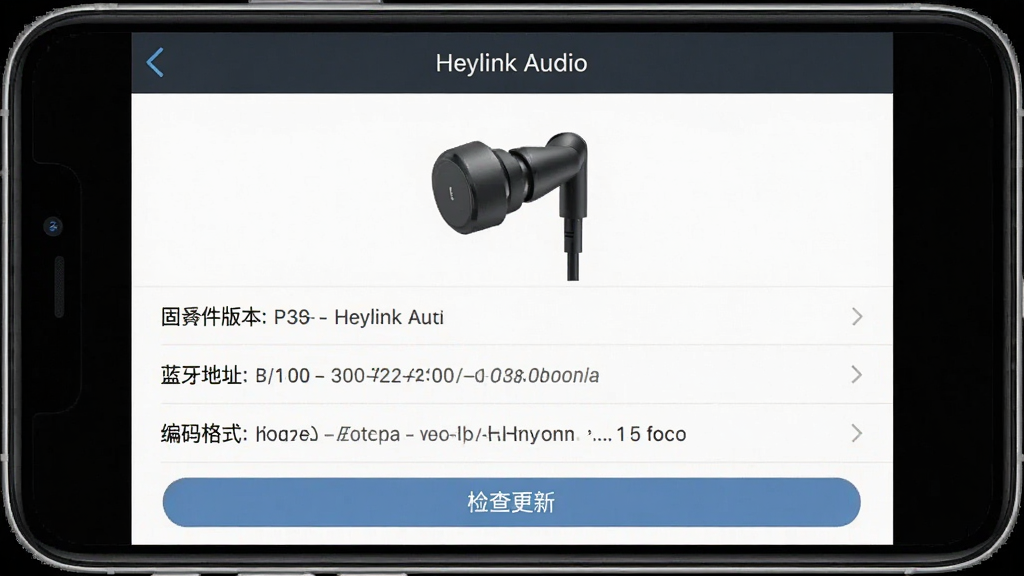 һ���ֻ�Ӧ�ý����ͼ���ͼƬ��������ʾ��Heylink Audio�����豸��Ϣҳ�棬�����Ƕ�����Ʒͼ���·��б�չʾ�̼��汾��������ַ�������ʽ�Ȳ�����ҳ��ײ��С������¡���ť�������Ű����룬�����רҵ�����ʸɾ��޶���Ԫ��