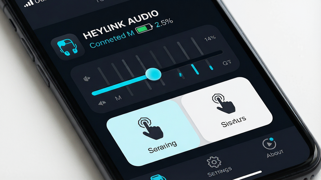 һ���ֻ���Ļ��д�����������ǡ�Heylink Audio��Ӧ�������棬������ʾ�����Ӷ�������������ٷֱȣ��м��Ǿ��������ڻ���ʹ����������ÿ�Ƭ���ײ�Ϊ�豸�����á�����������ǩ�������������ɫ����������ɫ��׺������ɾ��޹����������ִ���ƽ��ϸ��Բ�󣬻��������ɾ��޶���Ԫ��