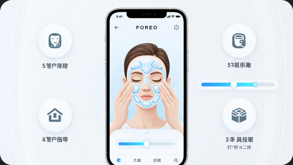 FOREO App���ַ�ָ�������ͼ�������������ֻ���Ļ��ʾ�沿��Ħ������������Ļ��Χ�����ż��Ĳ���ͼ��ͽ����������־��жԳƣ�������¿Ƽ��У�ϸ��Բ�󣬻��ʸɾ��������ұ���