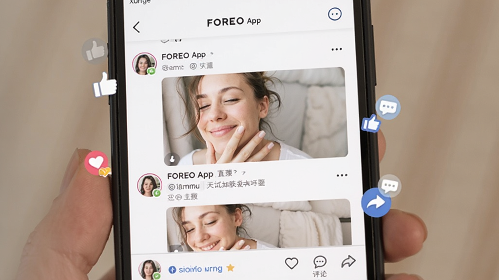 FOREO App����������ҳ�棬�����������ֻ���Ļ��ʾ�û������Ļ����ĵ�ͼ���б�����Ļ�Ե�׺�ŵ��޺����۵�Сͼ�꣬����Ϊ���¹���ʽ��Ϣ��������罻�����У�ϸ����ͣ������������޶���װ��