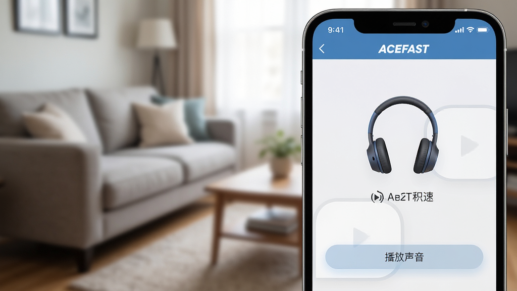一张ACEFAST 积速应用查找耳机功能的界面截图,手机屏幕上显示一个耳机的图标和“播放声音”按钮,背景是客厅沙发场景的模糊虚化,画面风格写实,光线柔和,画质清晰,无杂乱元素