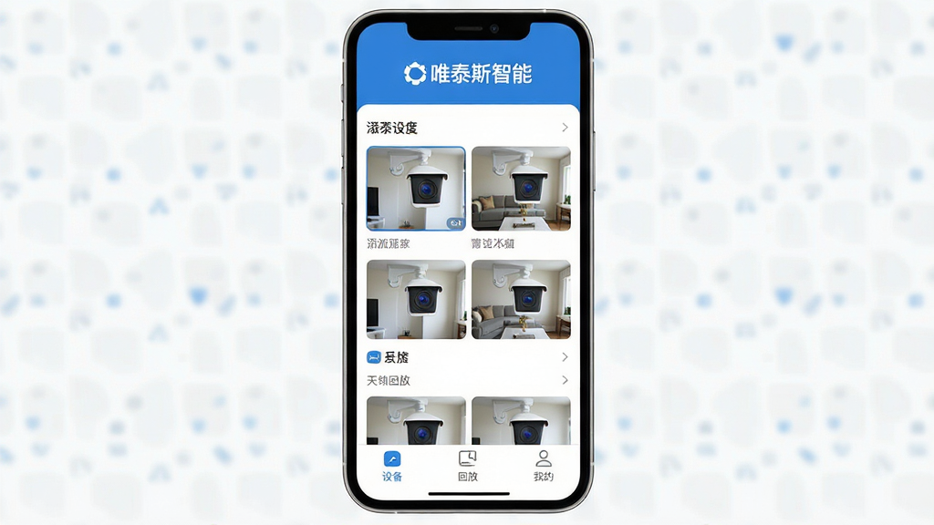 Ψ̩˹����App������ȫòչʾ���ֻ���Ļ�г��ּ��ļ���豸�б����Ϸ���ʾ��Ψ̩˹���ܡ�����Logo���м��������ӵ�����ͷ����ͼ���棬�ײ�Ϊ�豸���طš��ҵ�����������ǩ������������ɫ����ƽ����Ʒ�񣬽���ɾ����࣬ϸ�����������ʸ��壬�޶���װ��Ԫ��